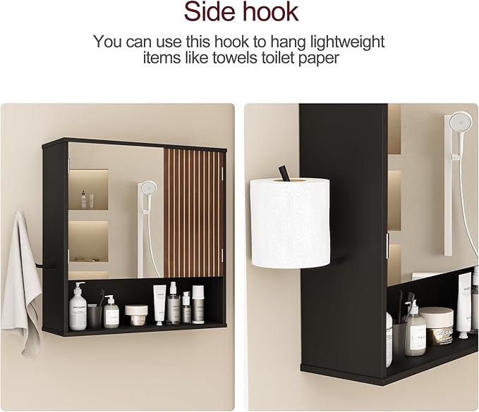 Bathroom Wall Cabinet With Mirror,wall mounted bathroom cabinet,Medicine Cabinet with 2 Door ,Side Hook,Light and Adjustable Shelves,Black Cabinet with Wood Grain,Over The Toilet Space Saver Cabinet.
