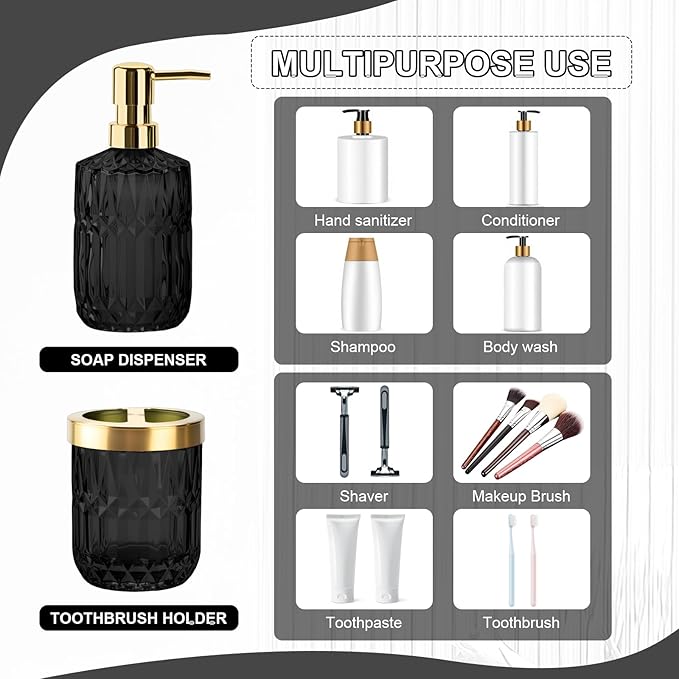 Glass Bathroom Accessories Set, 2PCS Glass Bathroom Accessory, Toothbrush Holder and Soap Dispenser Set for Modern Bathroom Decor(Black Gold)