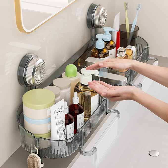 Suction Bathroom Shelf with Drain Holes Space Efficient Storage for Toiletries Cosmetics Laundry Room Supplies Multipurpose Suction Shelf