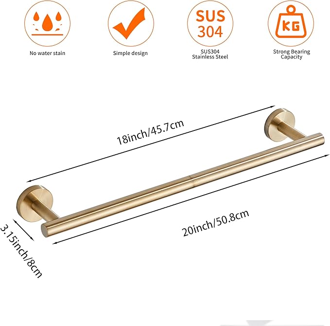 Bath Towel Bar, 18 Inch 304 Stainless Steel Thicken Towel Holder for Bathroom Wall, Towel Holder Brushed Gold Finished Wall Mount(Total Length 20-Inch)