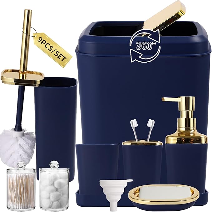 XLHOMO Navy Blue Bathroom Accessories Set, Blue and Gold Bathroom Accessories with Trash Can, Soap Dispenser, Soap Dish, Toothbrush Holder and Q-tip Holders