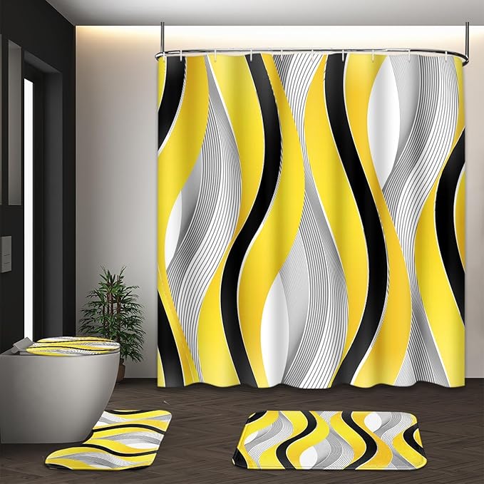 Yellow Striped Shower Curtain Set with Toilet Lid Cover and Non-Slip Rugs for Bathroom, Grey and Black Geometric Lines 4 Pcs Shower Curtain, Modern Yellow Bathroom Set with 12 Hooks