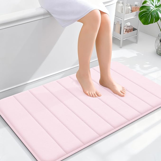 OLANLY Memory Foam Bath Mat 36x24, Super Soft Absorbent Bathroom Rugs, Quick Dry, Machine Washable Shower Floor Rugs, Bathmat Carpet, Bathroom Home Decor Accessories, Pink