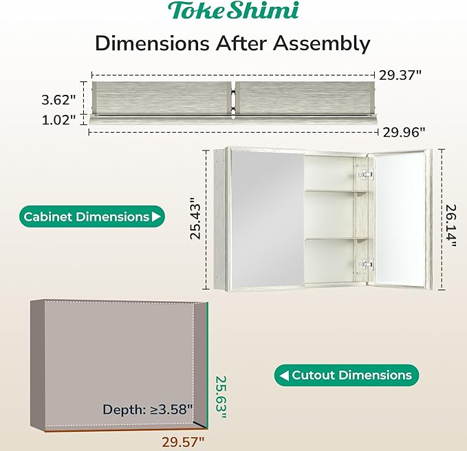 TokeShimi 30 x 26 Medicine Cabinet Mirror for Bathroom, Assembly Required, Nickel Recessed Medicine Cabinet with Mirror, Stepless Adjustable Shelves, Beveled Aluminum Frame, Tempered Glass