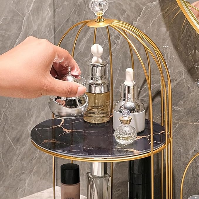 Double Layer Storage Shelf Bird Cage Organizer Display Rack for Bathroom Countertop Dressing Table Gold Frame (Black Base Gold Pattern)