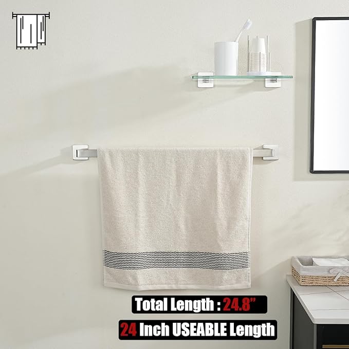 JQK Brushed Towel Bar, Rounded Edges 26.41 Inch Towel Rack, 304 Stainless Steel Bathroom Wall Mount, Useable Length 24 Inch, TB250L24-BN