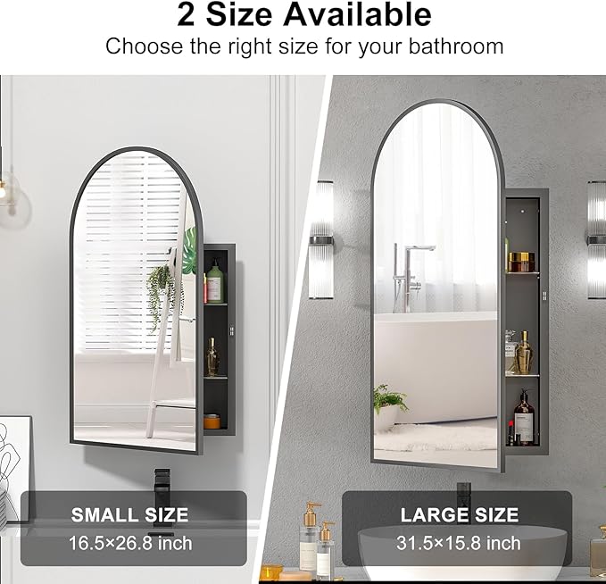 16x31 Black Arched Medicine Cabinet,Recessed Medicine Cabinet with Mirror, Arched Mirror Cabinet with Storage Wall Mounted for Bathroom,Full Assembled