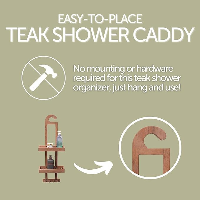 NORDIC STYLE TEAK Wood Natural Hanging Shower Caddy with Storage Shelves, Water Resistant, Easy to Place, Select-Grade Solid Teak Wood, Shower Accessory (Natural Langr)