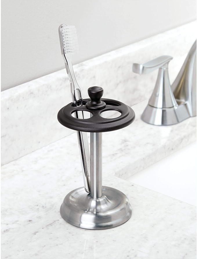iDesign York Stainless Steel Divided Toothbrush Stand - 3.25" x 3.25" x 5.75", Matte Black/Brushed (76269)