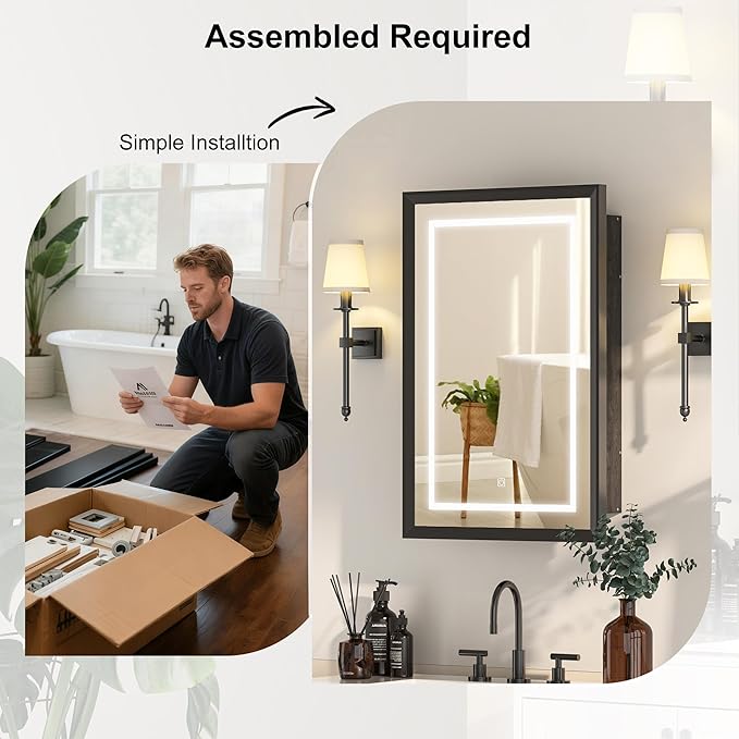 Recessed LED Medicine Cabinet with Lights,Beveled Aluminum Frame, 20x30 Black Bathroom Lighted Medicine Cabinet with Mirror, 3-Light Color Dimmable, with Adjustable Glass,Assembly Required