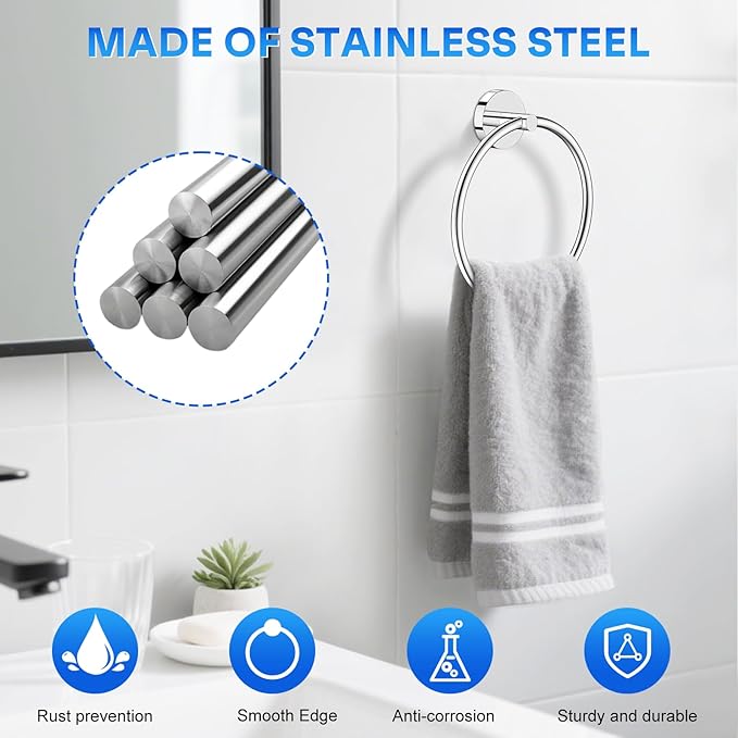Hand Towel Holder Screw-in Mirror Silver Towel Ring for Bathroom Wall Stainless Steel Towel Hanger Round Towel Racks for Bathroom Decor and Accessories, 2 Packs
