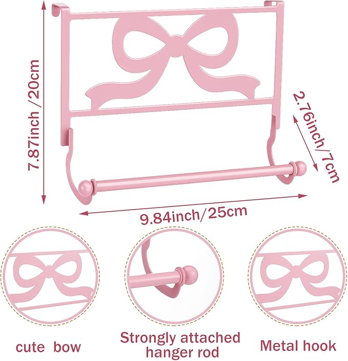 Cabinet Door Towel Holder Pink Bow Over The Cabinet Cupboard Door Towel Rack Metal Decorative Kitchen Dish and Hand Towels Bar Holder Coquettish Preppy Decor for Bathroom Kitchen