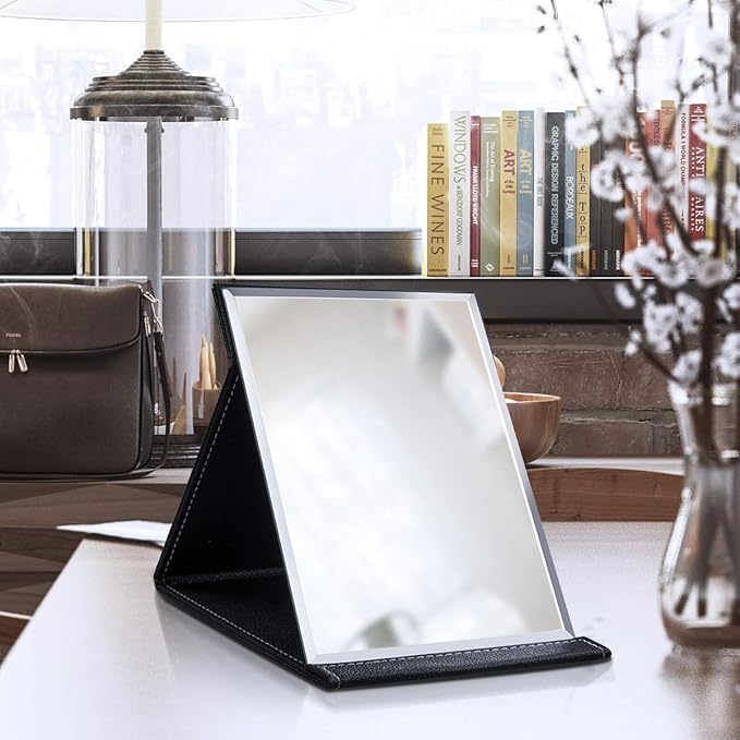 LONGSHENG - SINCE 2001 - Protable PU Leather Mirror Folding Desktop Makeup Mirror with Adjustable Stand for Personal Use,Travelling (M, Black)