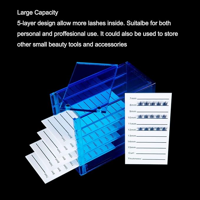 Lash Storage Organizer, Upgrade Design Small 5-Layer Lash Trays for Lash Extensions with magnet cover, Blue Semilucent lash tray Organizer, Eyelash Storage Box