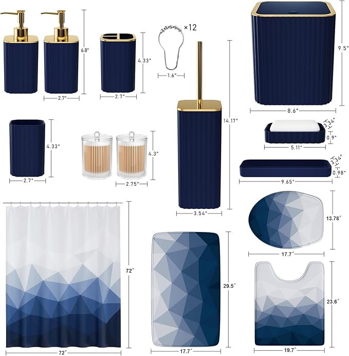 XLHOMO Bathroom Accessory Set - 26PC Bathroom Shower Curtain and Rug Set, Bathroom Accessories Set, Navy Blue Bathroom Set with Trash Can, Toilet Brush, Qtip Holder & Soap Dispenser