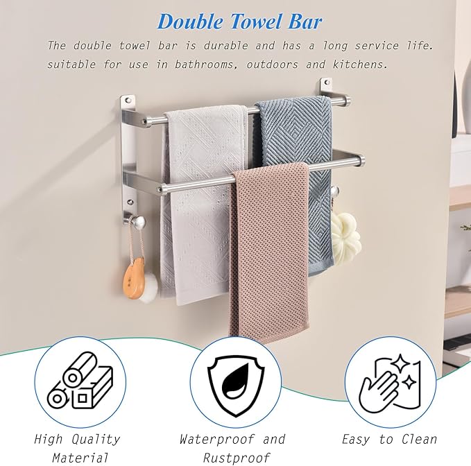 Double Towel Bar with Hooks for Bathroom - 18 Inch Brushed Stainless Steel Towel Rack, Wall Mounted Towel Rails