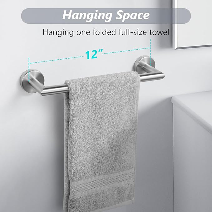 JunSun Bathroom Towel Bar 12 Inch Brushed Nickel Towel Racks Wall Mounted Bath Hand Towel Holder Modern Home Decor Towel Rod Bathroom Hardware Stainless Steel Towel Hanger Silver Towel Rail Single Bar