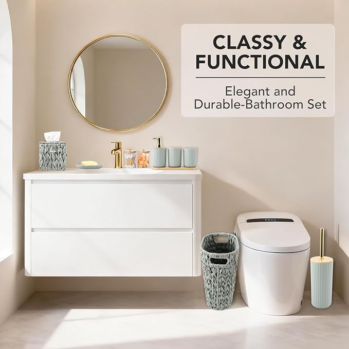 Bathroom Accessory Set, 10 Pieces Bath Set- Wicker Trash Can Tissue Box Soap Dish Toothbrush Holder Rinse Cup Lotion Bottle Toilet Brush Qtip Holder - Practical Bathroom Decor Sets (Green, Bath Set)
