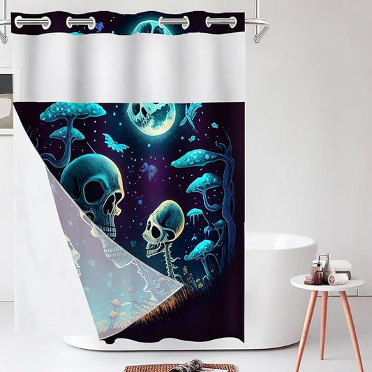 Shrahala Happy Halloween Funny No Hooks Shower Curtain with Snap in Liner Set, Skeletons Grass Mushrooms Starry Sky Bathroom Décor Polyester Fiber Waterproof for Stall Bathtubs 54 x 80 in