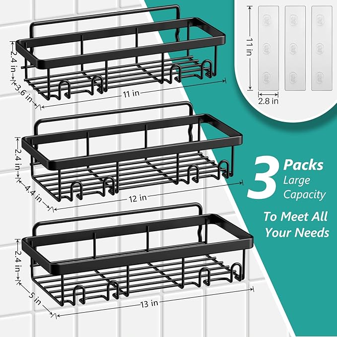 Cusbus Shower Caddy, 3 Pack Organizer, Adhesive No Drilling Traceless Shelves, Rustproof SUS304 Stainless Steel Bathroom Shelf for Inside & Kitchen Storage (Black)