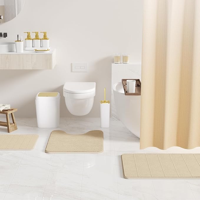 Bathroom Set - 27PC Bathroom Sets with Shower Curtain and Rugs, White Bathroom Set, White Bathroom Accessories Set with Push-lid Trash Can, Toilet Brush & Soap Dispensers