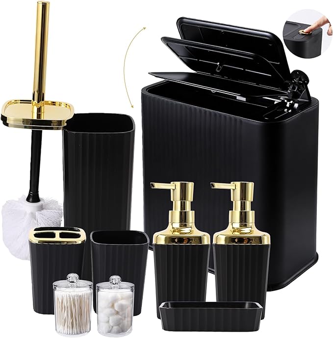 XLHOMO Black and Gold Bathroom Accessories Set - 9 Piece Complete Organization Kit with Slim Pop-up Trash Can, Toilet Brush, Lotion Dispensers, Jars & Soap Dish - Modern Matte Stripe Bathroom Decor