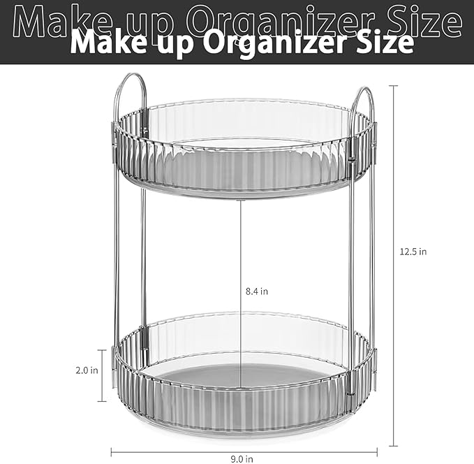 360° Rotating Makeup Organizer, 2 Tier Spinning Cosmetic Organizer for Vanity & Bathroom Countertop, Holds Tall Skincare Bottles, Perfume & Beauty Accessories – Clear Grey