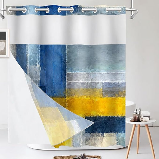 Shrahala Brown Abstract Art No Hooks Shower Curtain with Snap in Liner Set, Grey Contemporary Colorful Bathroom Décor Polyester Fiber Waterproof for Stall Bathtubs 71 X 86 in
