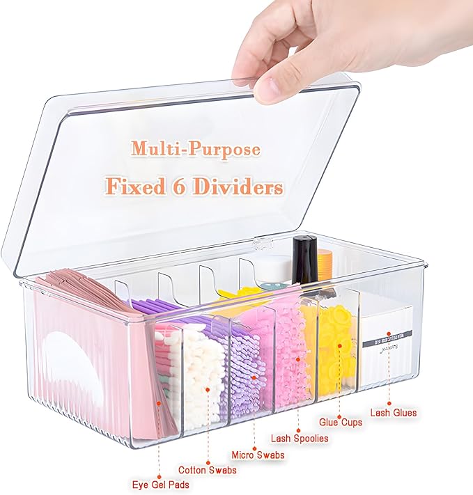 Lash Extension Organizer Box, Acrylic Eyelash Extension Supplies Storage Container Lash Cart Organizer for Lash Techs Eyelash Beauty Case with Lid Lashes Supplies Storage Box (Clear)