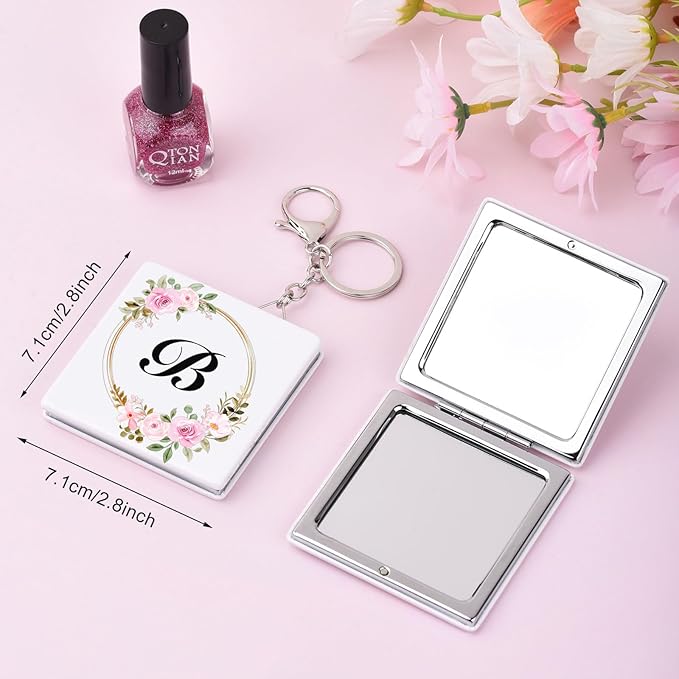 BAOSIWA Valentines Day Gifts for Teen Girls Grandkids, Personalized Compact Mirror Initial Small Travel Makeup Mirror with Keychain (B)