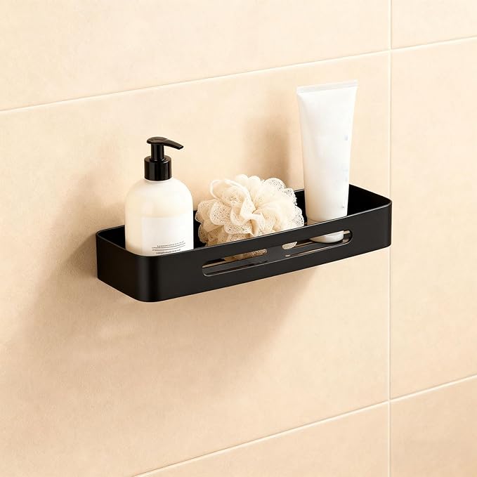 VBESTLIFE Bathroom Shelf, Wall Mounted Stainless Steel Storage Organizer with Drainage Holes for Toiletries (Black Single Layer Rack (No Drill Installation))