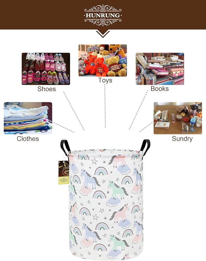 HUNRUNG Laundry Hamper,Large Canvas Fabric Lightweight Storage Basket Toy Organizer Dirty Clothes Collapsible Waterproof for College Dorms???Round-Star Unicorn???