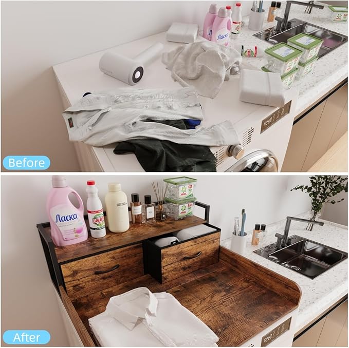 Unionly 2-Tier Washer Dryer Countertop single with shelf and fabirc drawer,laundry topper with Edge and Non-Slip Pad for Washer Dryer Laundry Hamper Counter Storage Organization (rustic brown, single)