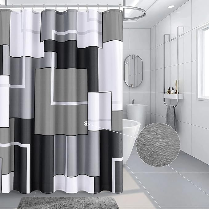 Hokibero Grey Modern Shower Curtain Set Gray Shower Curtains for Bathroom Slub Fabric Geometric Bath Curtains Decorative Black Water Repellent for Bathtubs Hotels, 72x72, Grey