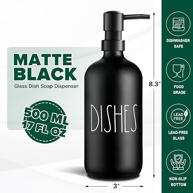 VIMERPA Dish Soap Dispenser, Matte Black Soap Dispenser for Kitchen, Glass Dishes Soap Dispenser with Plastic Pump, 17 Fl Oz Refillable Liquid Soap Bottle Container, Farmhouse Kitchen Decor