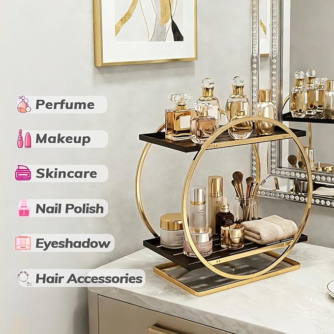 BO2701 2 Tier Bathroom Organizer, Perfume Organizer for Dresser, Black Gold