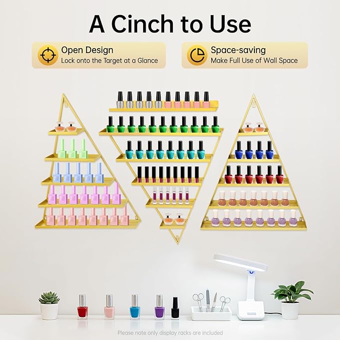 Elegant Gold Wall Mounted Nail Polish Rack - Set of 6 Triangular Cosmetic Display Shelves for Essential Oil Bottles, Organize Your Lipsticks and Perfumes in Style at Home or Salon (Gold)
