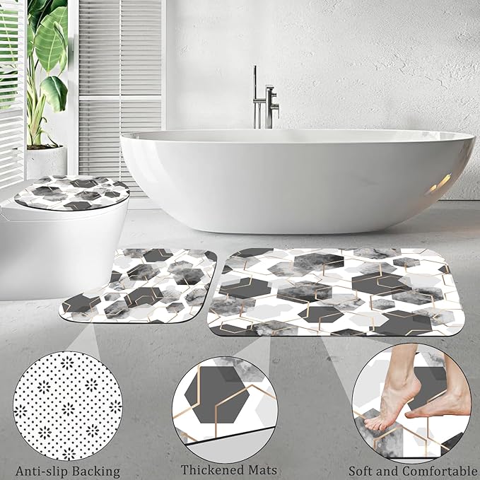Muuyi 4Pcs Gray White Geometric Shower Curtain Set, Neutral Modern Art Deco Shower Curtain with Hooks, Elegant Trendy Simple Bathroom Sets with Shower Curtain and Rugs, 71 * 71in