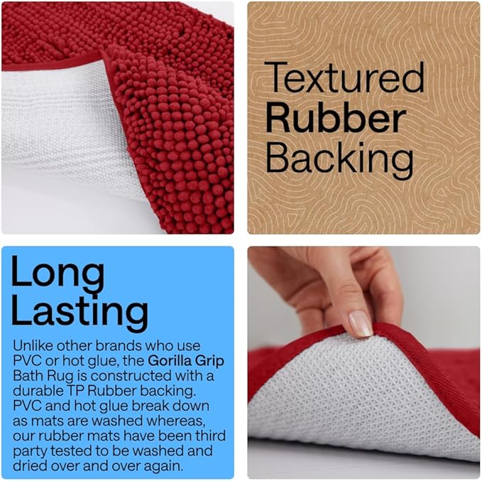 GORILLA GRIP Bath Rug Mat 30x20, Thick Soft Absorbent Chenille, Quick Dry Microfiber Mats, Rubber Backing Washable Shower Floor Rugs, US Designed Bathroom Bathmat Home Decor Accessories, Red