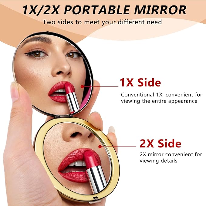 Oval Mini Portable Metal Folding Mirror, Beautiful and Elegant, Sturdy and Durable, 1X/2X Magnifier. (Oval Pattern Bronze)