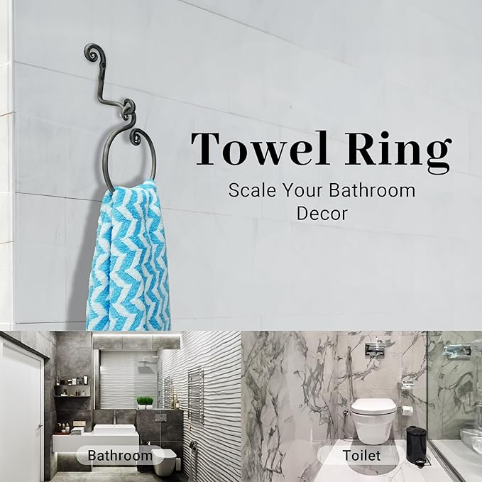 The Metal Magician Round Hand Towel Holder for Bathroom Wall - Kitchen Towel Ring - Aesthetic Design & Heavy Duty Durability - (Ornamental Curve) - (Antique Nickel)