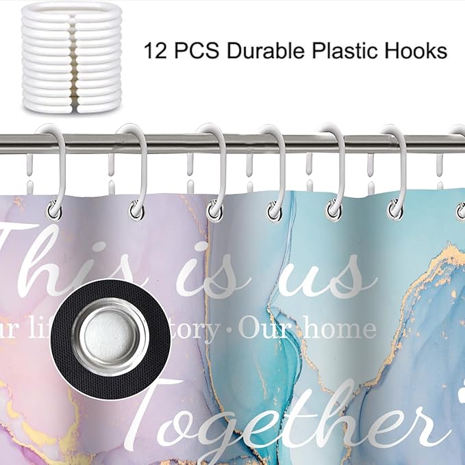 juwute 4Pcs Family Marble Shower Curtain Sets with Rugs,Pink Blue Home Inspirational Bathroom Decor Set, Bathroom Sets with Shower Curtain and Rugs, Waterproof Bathroom Shower Curtains, with 12 Hooks