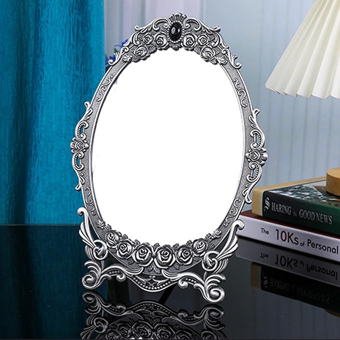 TOPINCN Vintage Oval Floral Embossed Retro Desktop Makeup Mirror with Stand, Clear Image, Zinc Alloy Frame, Wall Mount, Antique Pewter Mirror, 1 Count