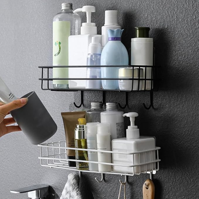 Veemoon Wall-Mounted Punch-Free Storage Rack with Hooks 2pcs, Iron Material, Nail-Free Organizer Shelf for Bathroom Kitchen, Black Bathroom Hanging Storage Solution