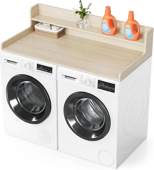 SpaceAid Washer Dryer Countertop with 2-Tier Shelf, Wood Topper with Edge, 54" Width x 27.5" Depth Cover Organizer Guard for Washer and Dryer Counter Laundry Hamper Storage (Oak)