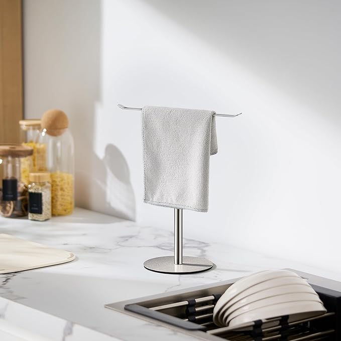 Silver Hand Towel Holder Stand ?€? Countertop T-Shaped Stainless Steel Towel Rack with Non-Slip Base for Vanity and Kitchen