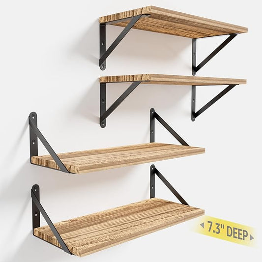 COCOYA Wall Shelves 7.3" Deep Set of 4, Solid Paulownia Wood Wider Longer Sturdy Easy to Install Wall Mounted Bookshelves Storage Shelves Bathroom Home Office Laundry Room Bedroom Organizer