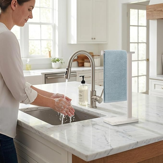 HarJue Hand Towel Holder Stand, 14.5" Hand Towel Rack with Weighted Marble Base, 304 Stainless Steel L-Shape Standing Towel Bar for Vanity Bathroom Kitchen Countertop (Brushed Nickel)