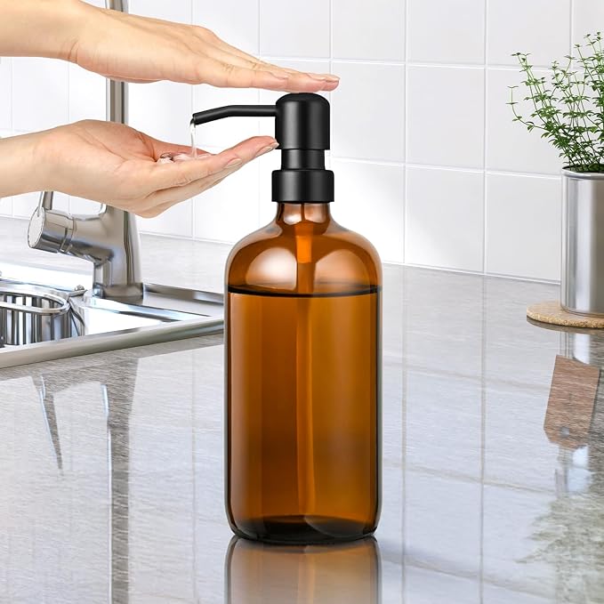 Amber Glass Soap Dispenser with 304 Stainless Steel Pump 17 oz for Kitchen Dish Soap and Bathroom Hand Soap Bottle