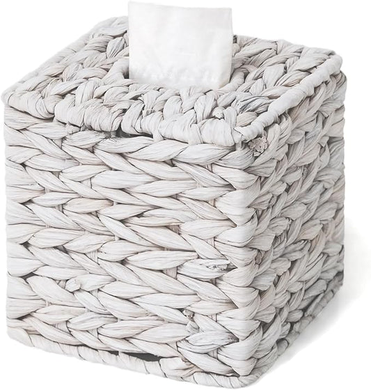 Tissue Box Cover, Square Wicker Tissue Box Holder Facial Tissues Boxes, Hand Woven Napkin Box Tissue Holder for Bathroom Bedroom Office Table Desk Night Stand, Boho Decorative, White